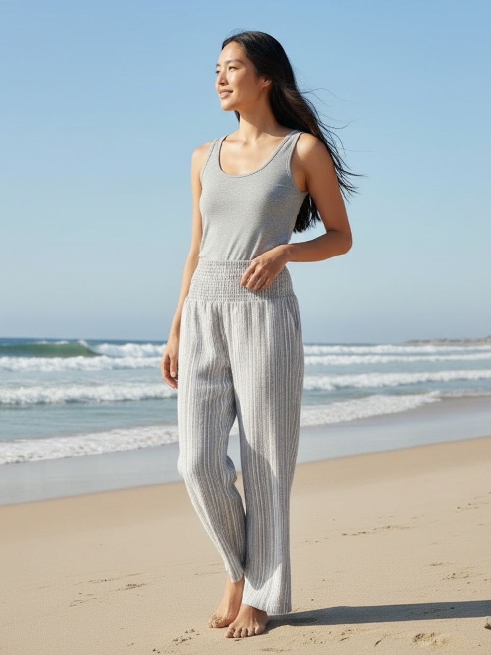 🌺Hawaii brand Mahina Striped Wide Leg Beach Pants Gray White Medium🌺